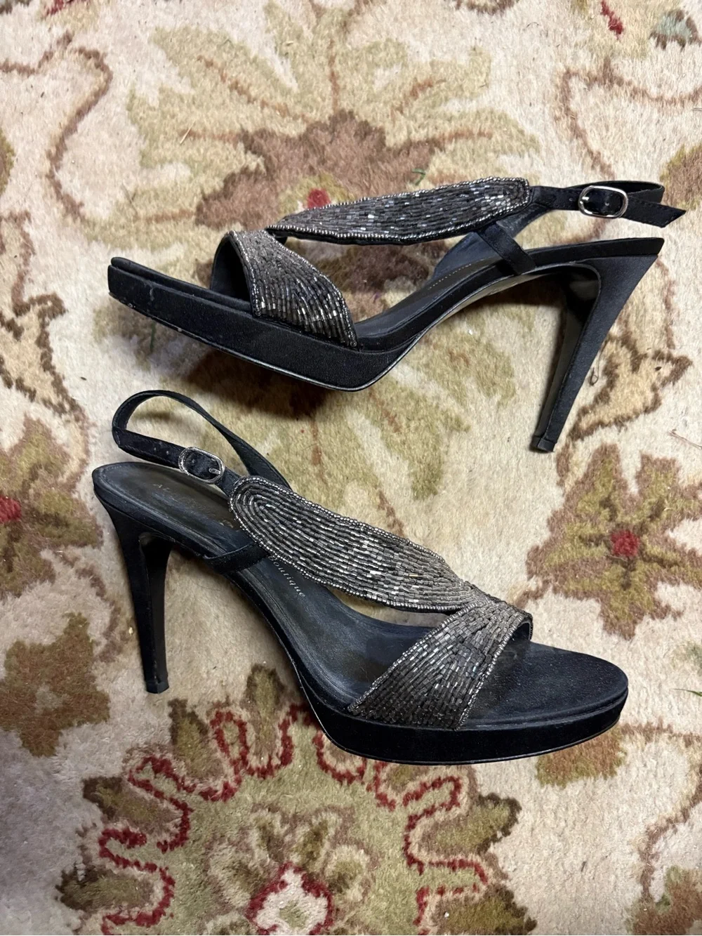 Papell Boutique Black and Silver Beaded Slingback Heels
